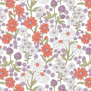 Wildflowers meadow - Flowers branches on stem botanical spring garden pastel vintage orange lilac matcha green on white