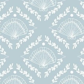 Blue Gray Scallop shell pattern with pearl in diamond shape with leaves
