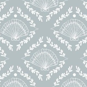 Gray scallop shell pattern with pearl in diamond shape with leaves