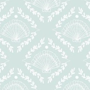 Scallop shell pattern with pearl in diamond with leaves in mint aqua