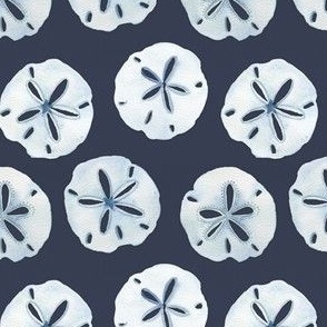 Sand Dollars in watercolor on a navy indigo background