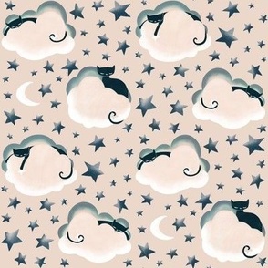 Black Cats Nap in Clouds Rose Beige | Small Version | Cute Pajama Kids Wallpaper White Moons Stars