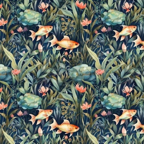 Aquatic Jungle: Goldfish and Flower Repeating Pattern (20)