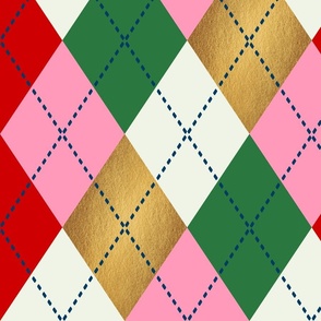LARGE • RETRO CHRISTMAS COLOURFUL KNITTED ARGYLE PATTERN • 4.  PINK RED GREEN GOLD