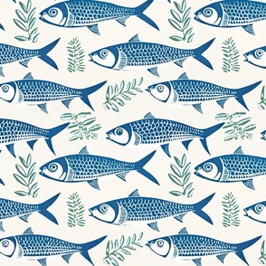 Vintage Aqua: Mackerel and Leaves Repetitive Pattern (39)