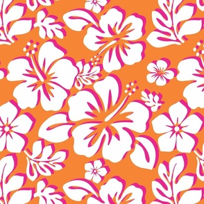 White and Hot Pink Hawaiian Flowers on Juicy Orange -Small Scale