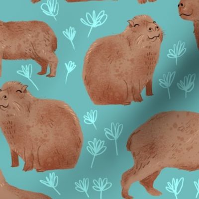 Happy Capybaras - Medium - Blue with Light Blue Flowers