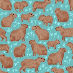 Happy Capybaras - Medium - Blue with Light Blue Flowers