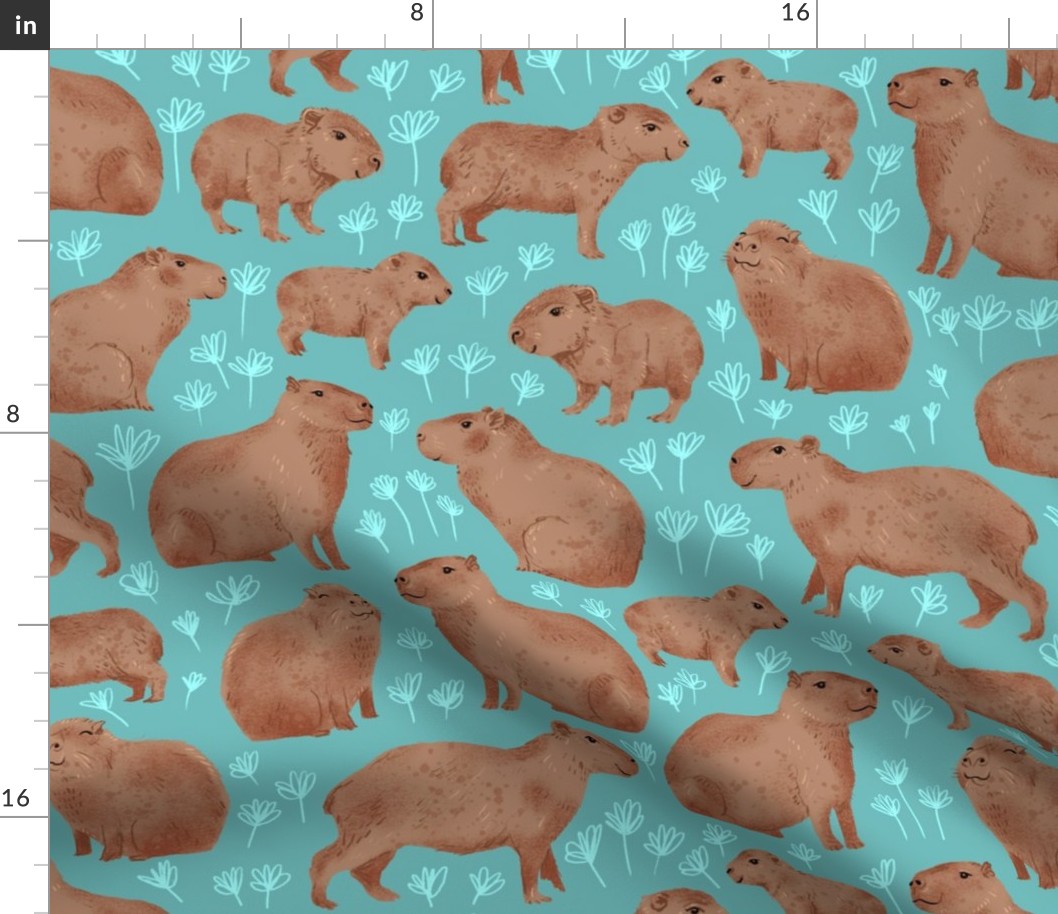 Happy Capybaras - Medium - Blue with Light Blue Flowers