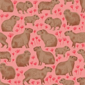 Happy Capybaras - Medium - Pink with Red Flowers