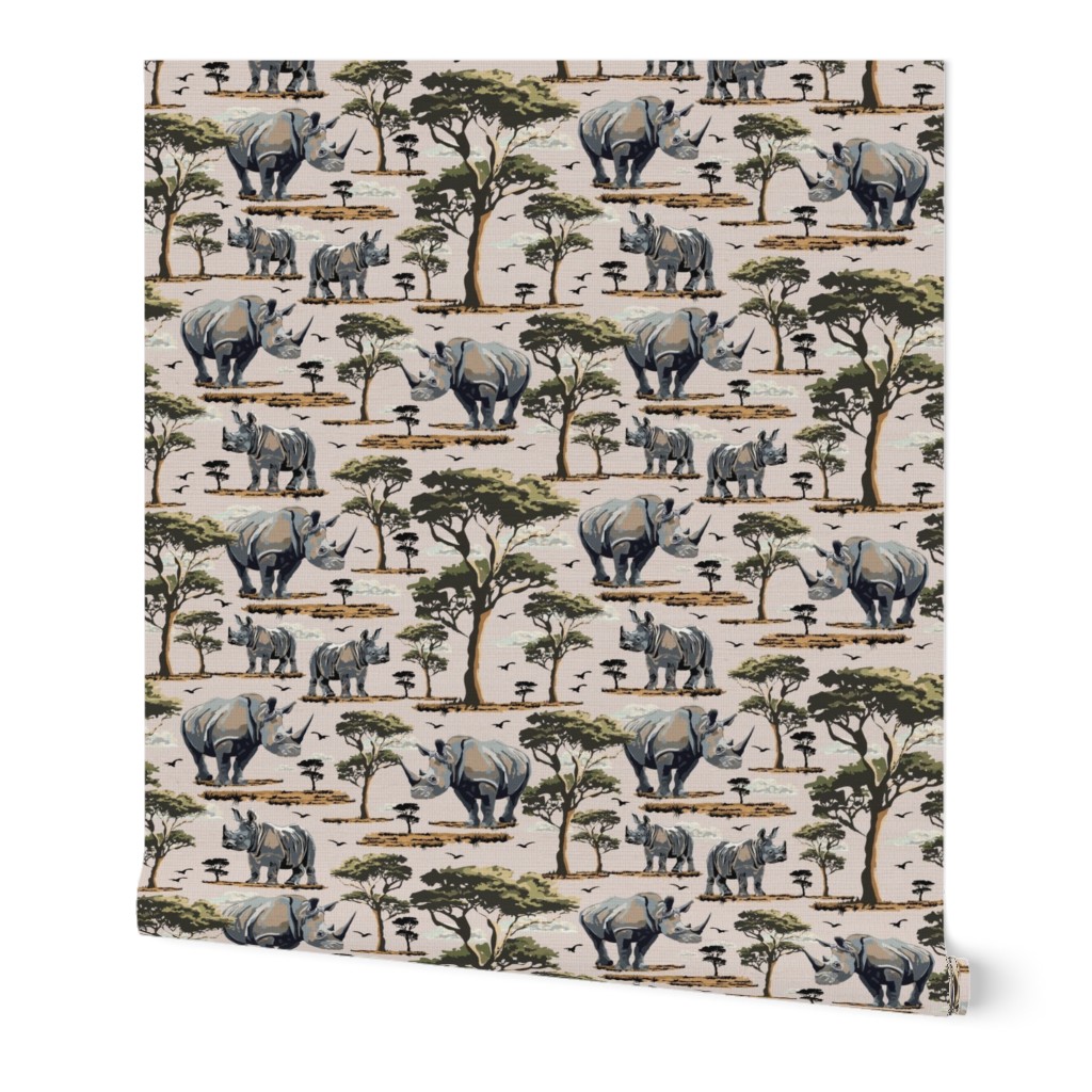 Zoo Animal  Safari Print, African Rhino Wild Baby Rhinoceros in the Desert, Green Acacia Trees (Medium Scale)