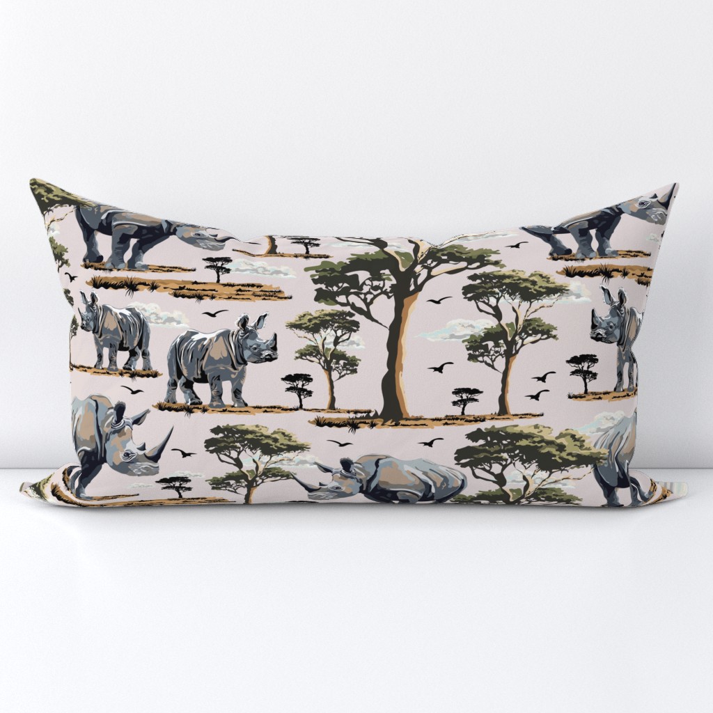 Zoo Animal  Safari Print, African Rhino Wild Baby Rhinoceros in the Desert, Green Acacia Trees (Medium Scale)