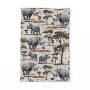 Zoo Animal  Safari Print, African Rhino Wild Baby Rhinoceros in the Desert, Green Acacia Trees (Medium Scale)