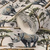 Zoo Animal  Safari Print, African Rhino Wild Baby Rhinoceros in the Desert, Green Acacia Trees (Medium Scale)