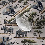 Zoo Animal  Safari Print, African Rhino Wild Baby Rhinoceros in the Desert, Green Acacia Trees (Medium Scale)