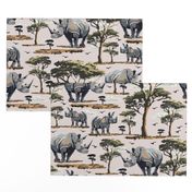 Zoo Animal  Safari Print, African Rhino Wild Baby Rhinoceros in the Desert, Green Acacia Trees (Medium Scale)