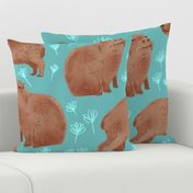 Happy Capybaras - Large - Blue with Light Blue Flowers