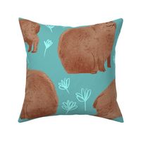Happy Capybaras - Large - Blue with Light Blue Flowers