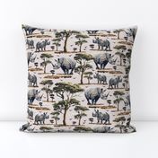 Rhino Zoo Animal Pattern, African Safari Wild Baby Rhinoceros, Green Acacia Trees Desert Landscape on Pink (Small Scale)