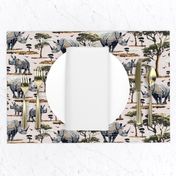 Rhino Zoo Animal Pattern, African Safari Wild Baby Rhinoceros, Green Acacia Trees Desert Landscape on Pink (Small Scale)