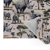 Rhino Zoo Animal Pattern, African Safari Wild Baby Rhinoceros, Green Acacia Trees Desert Landscape on Pink (Small Scale)