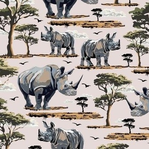 Rhino Zoo Animal Pattern, African Safari Wild Baby Rhinoceros, Green Acacia Trees Desert Landscape on Pink (Small Scale)