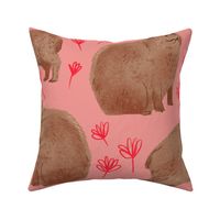 Happy Capybaras - Large - Pink with Red Flowers