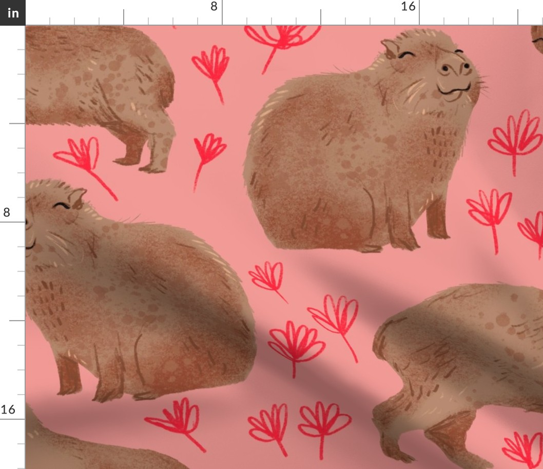 Happy Capybaras - Large - Pink with Red Flowers