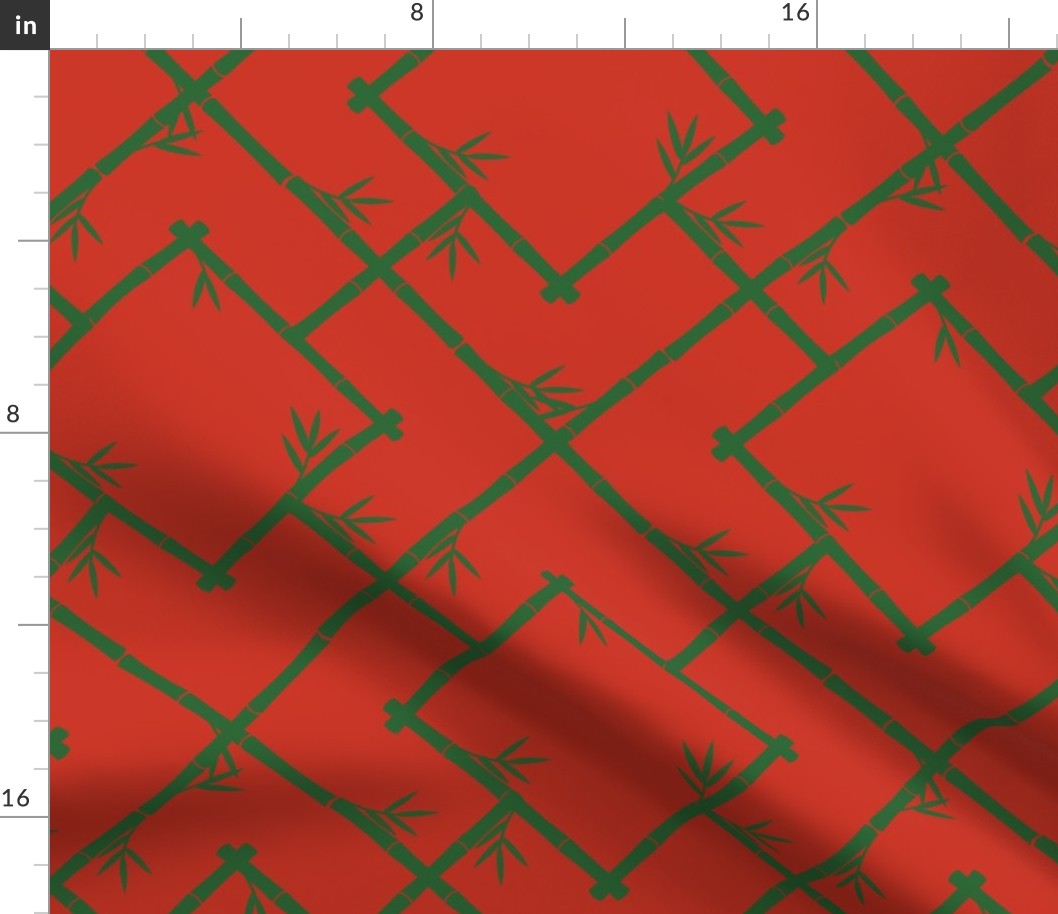 Bamboo Chinoiserie Lattice in Poinciana Red + Green