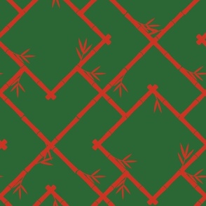 Bamboo Chinoiserie Lattice in Green + Poinciana Red