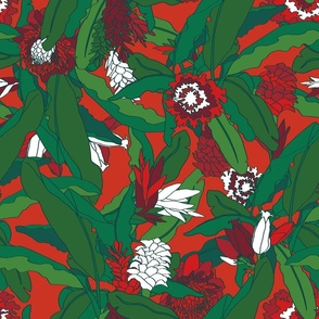 Christmas Chinoiserie Tropical Ginger Floral in Red + Green