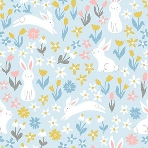 Pastel colored cute bunnies in a flower field, SMALL, bunny is 2 inches