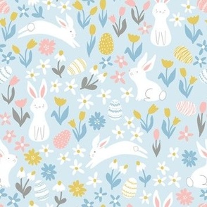 Pastel Easter Egg Hunt, cute bunnies hopping in a flower field