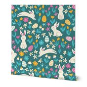 Easter Egg Hunt, cute bunnies in a flower field with hidden colored eggs. White rabbit, fun florals and easter eggs