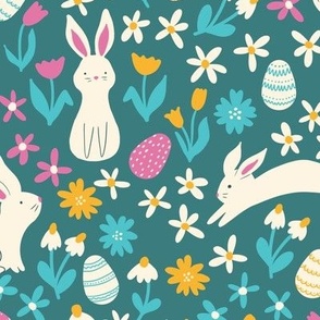 Easter Egg Hunt, cute bunnies in a flower field with hidden colored eggs. White rabbit, fun florals and easter eggs