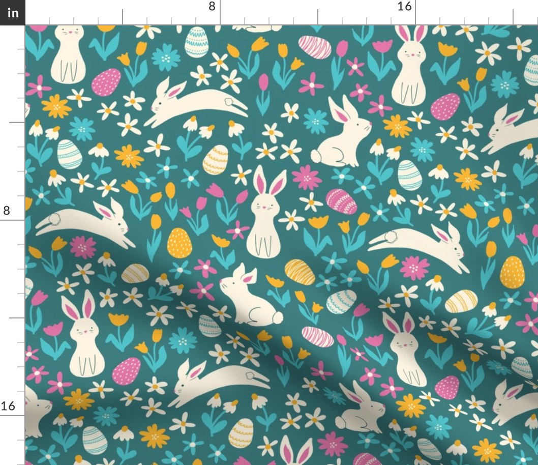 Easter Egg Hunt, cute bunnies in a flower field with hidden colored eggs. White rabbit, fun florals and easter eggs