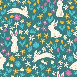 Cute bunnies hopping in a colorful flower field, SMALL, 2 inch bunny