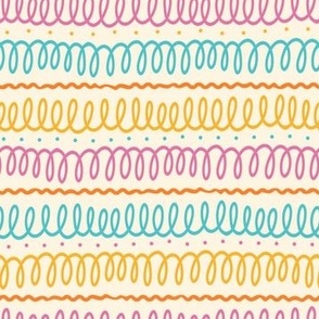 Pink, yellow and blue squiggles on cream white, hand drawn doodle loops