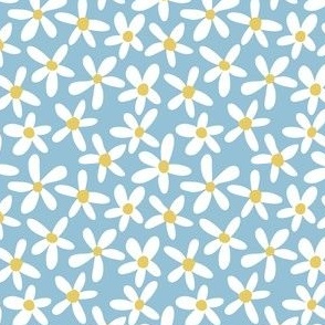 Pastel white flowers on blue, 1 inch flowers