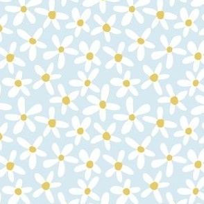 Pastel white flowers on baby blue, 1 inch flowers