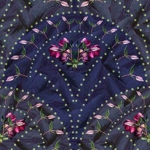 Crimson Pink Art Deco Floral, Moody Midnight Blue Botanic Flower Pattern, Vintage Twenties wallpaper, Floral Scallops (Small Scale)
