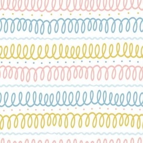 Pastel squiggles on white, hand drawn pink, yellow and blue doodle loops on white