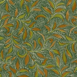 Green and fall gold on olive green foliage natural organic arts and crafts inspired non-directional hand-drawn pattern with boho doodle foliage 