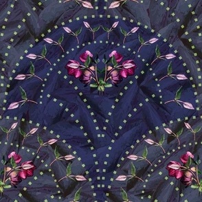 Art Deco Royal Blue Botanic Flower Design, Modern Geometric Crimson Pink Jewel Tones, Green Floral Scallops (Medium Scale)