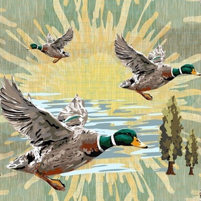 Flying Ducks Landscape with Radiant Yellow Sun in Sage Trees by Lake Side Magical CabinCore