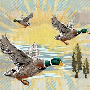 Cabin Core Flying Ducks on Muted Tones of Sage and Pink Plaid Green Gingham, Traditional check with Yellow Sunlight Lake Side