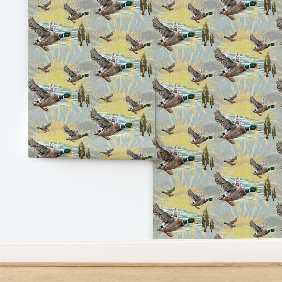 Birds in Flight Over Blue Lake, Cozy Cabin Summers Day, Rustic Nature Green Ducks on Earthy Blue Tone Linen Texture Background