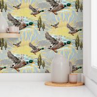 Birds in Flight Over Blue Lake, Cozy Cabin Summers Day, Rustic Nature Green Ducks on Earthy Blue Tone Linen Texture Background