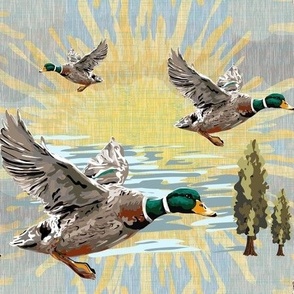 Birds in Flight Over Blue Lake, Cozy Cabin Summers Day, Rustic Nature Green Ducks on Earthy Blue Tone Linen Texture Background
