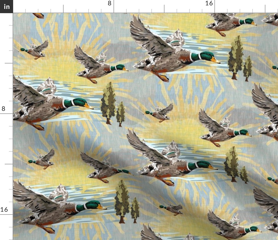 Birds in Flight Over Blue Lake, Cozy Cabin Summers Day, Rustic Nature Green Ducks on Earthy Blue Tone Linen Texture Background